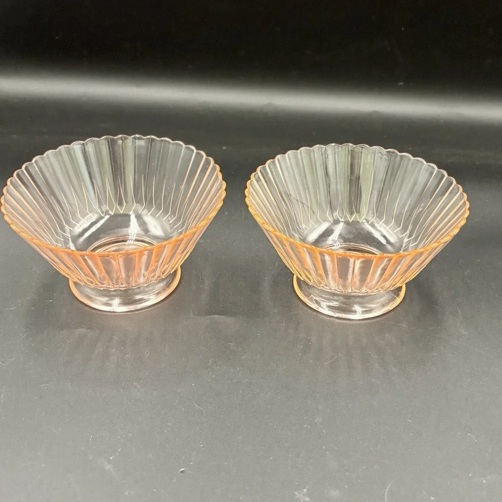 Pink Depression Glass Petal Ware Fruit Cup Ribbed Scalloped‎ Set Of 2 Small
